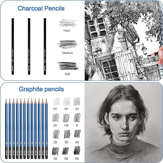 hb+ 50 Pack Drawing Set Sketching Kit, Pro Art Supplies with 3-Color Sketchbook, Include Colored, Graphite, Charcoal, Watercolor & Metallic Pencil, for Artists Adults Beginner - Image 4